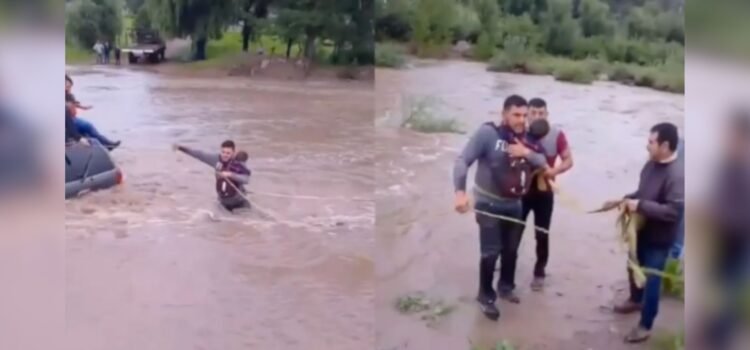 Rescatan a familia de un Río en Bocoyna; Niño fue salvado dentro de una mochila