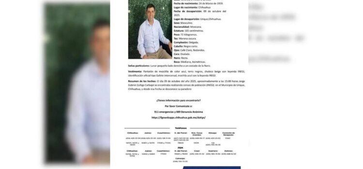 Emiten ficha de búsqueda de encuestador del INEGI desaparecido en Chihuahua