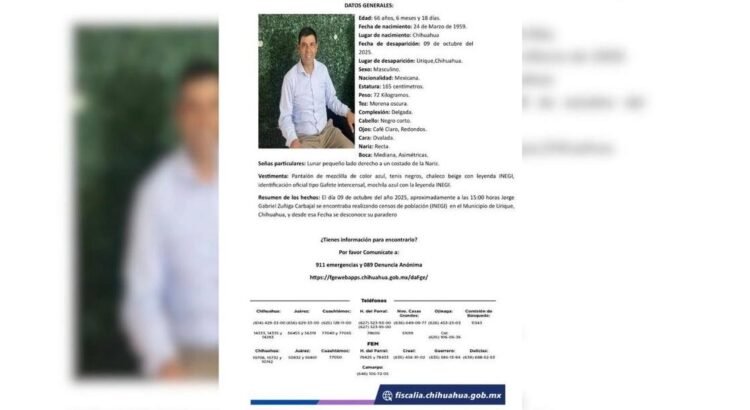 Emiten ficha de búsqueda de encuestador del INEGI desaparecido en Chihuahua Emiten ficha de búsqueda de encuestador del INEGI desaparecido en Chihuahua
